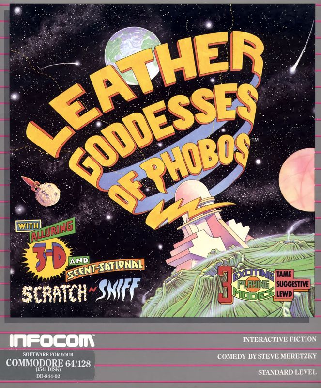 Leather Goddesses of Phobos box art for Commodore 64